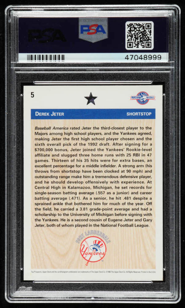 Derek Jeter 1992 Upper Deck Minors #5 FDP RC (PSA 8) at PristineAuction.com Derek Jeter 1992 Upper Deck Minors #5 FDP RC (PSA 8) at PristineAuction.com