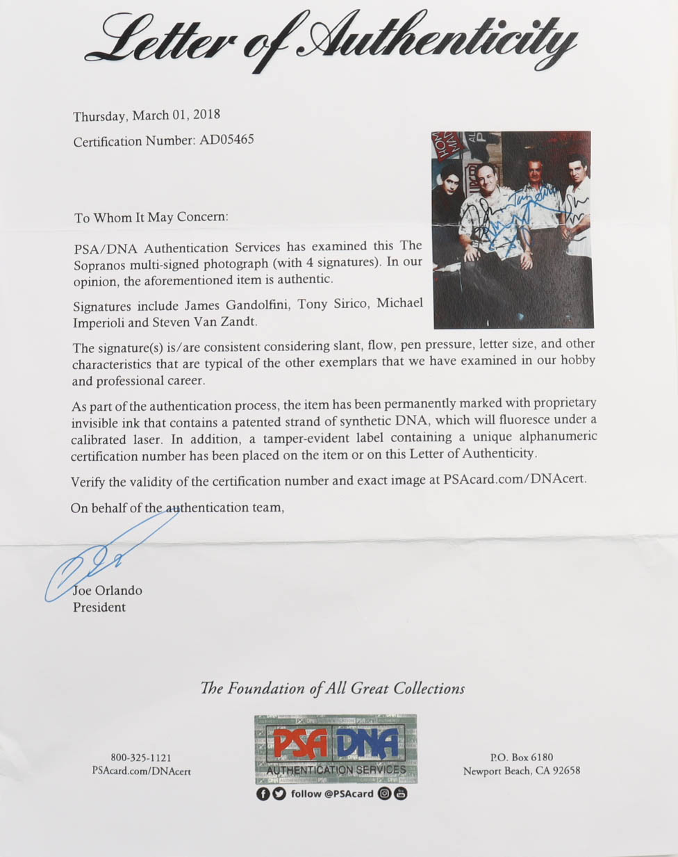 "The Sopranos" 14.5x18.5 Custom Framed Photo Display Cast-Signed by (4) with James Gandolfini, Tony Sirico, Michael Imperioli & Steven Van Zandt (PSA LOA) at PristineAuction.com "The Sopranos" 14.5x18.5 Custom Framed Photo Display Cast-Signed by (4) with James Gandolfini, Tony Sirico, Michael Imperioli & Steven Van Zandt (PSA LOA) at PristineAuction.com