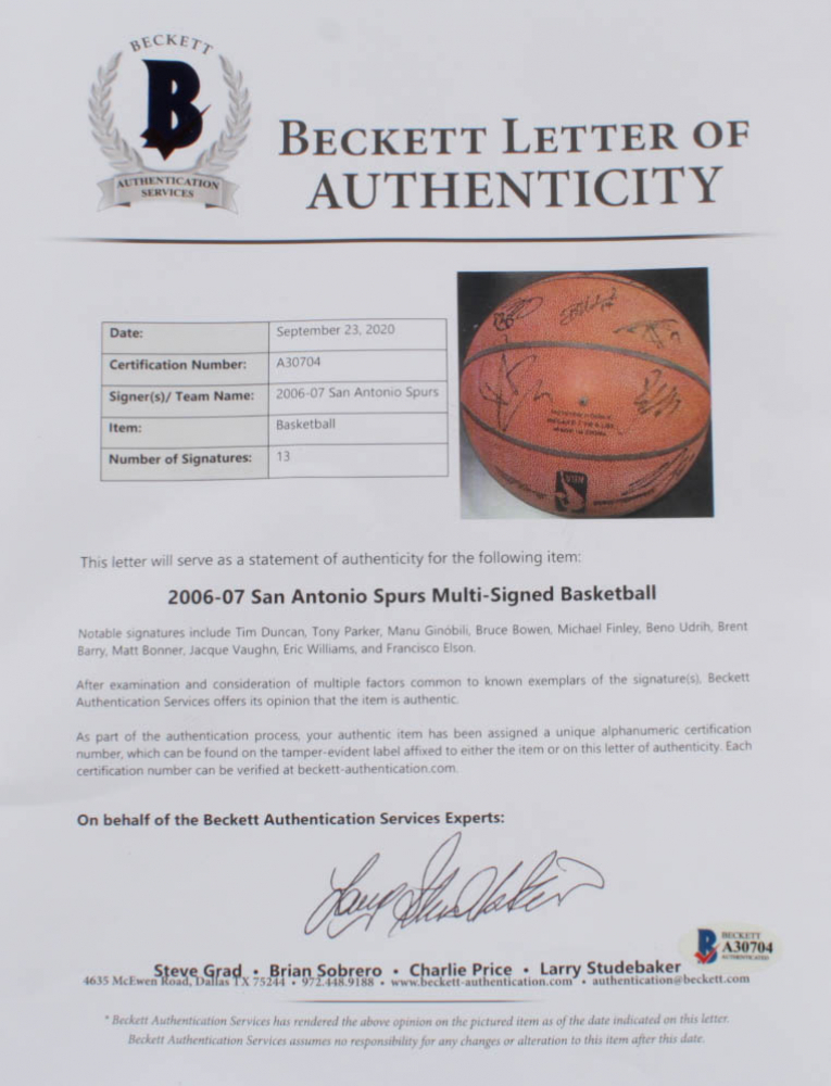 2006-07 Spurs Basketball Team-Signed by (13) with Tim Duncan, Manu Ginobili, Tony Parker, Michael Finley (Beckett LOA) at PristineAuction.com 2006-07 Spurs Basketball Team-Signed by (13) with Tim Duncan, Manu Ginobili, Tony Parker, Michael Finley (Beckett LOA) at PristineAuction.com