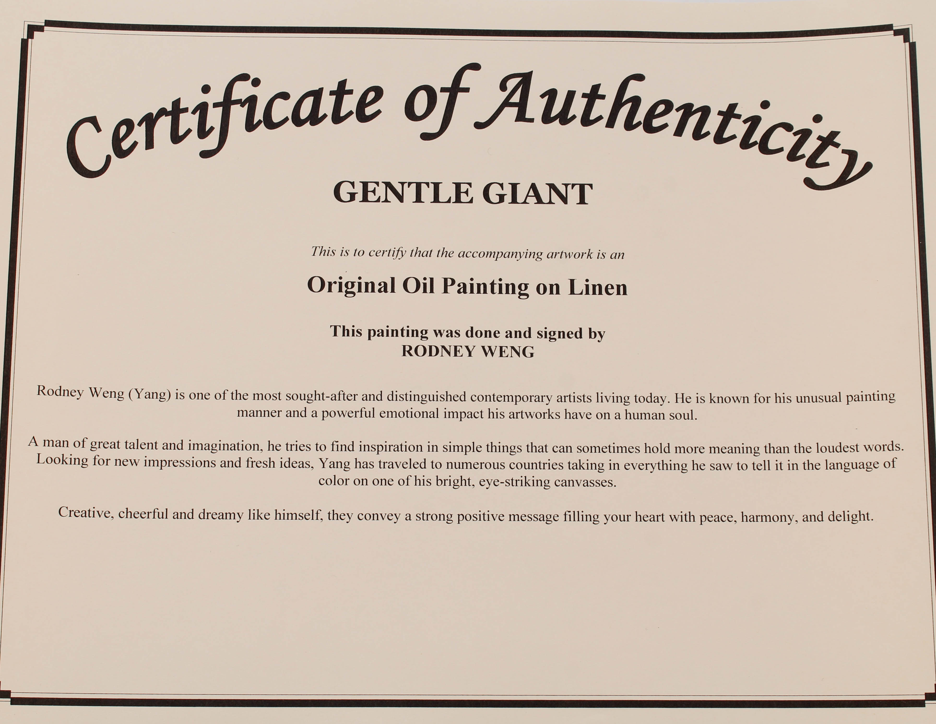 Rodney Weng Signed “Gentle Giant” 25.75x36.5 Original Oil Panting on Linen (PA LOA) at PristineAuction.com Rodney Weng Signed “Gentle Giant” 25.75x36.5 Original Oil Panting on Linen (PA LOA) at PristineAuction.com
