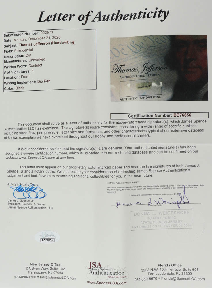 Thomas Jefferson Authentic Hand-Written Word Cut in Acrylic Display Case (JSA LOA) at PristineAuction.com Thomas Jefferson Authentic Hand-Written Word Cut in Acrylic Display Case (JSA LOA) at PristineAuction.com