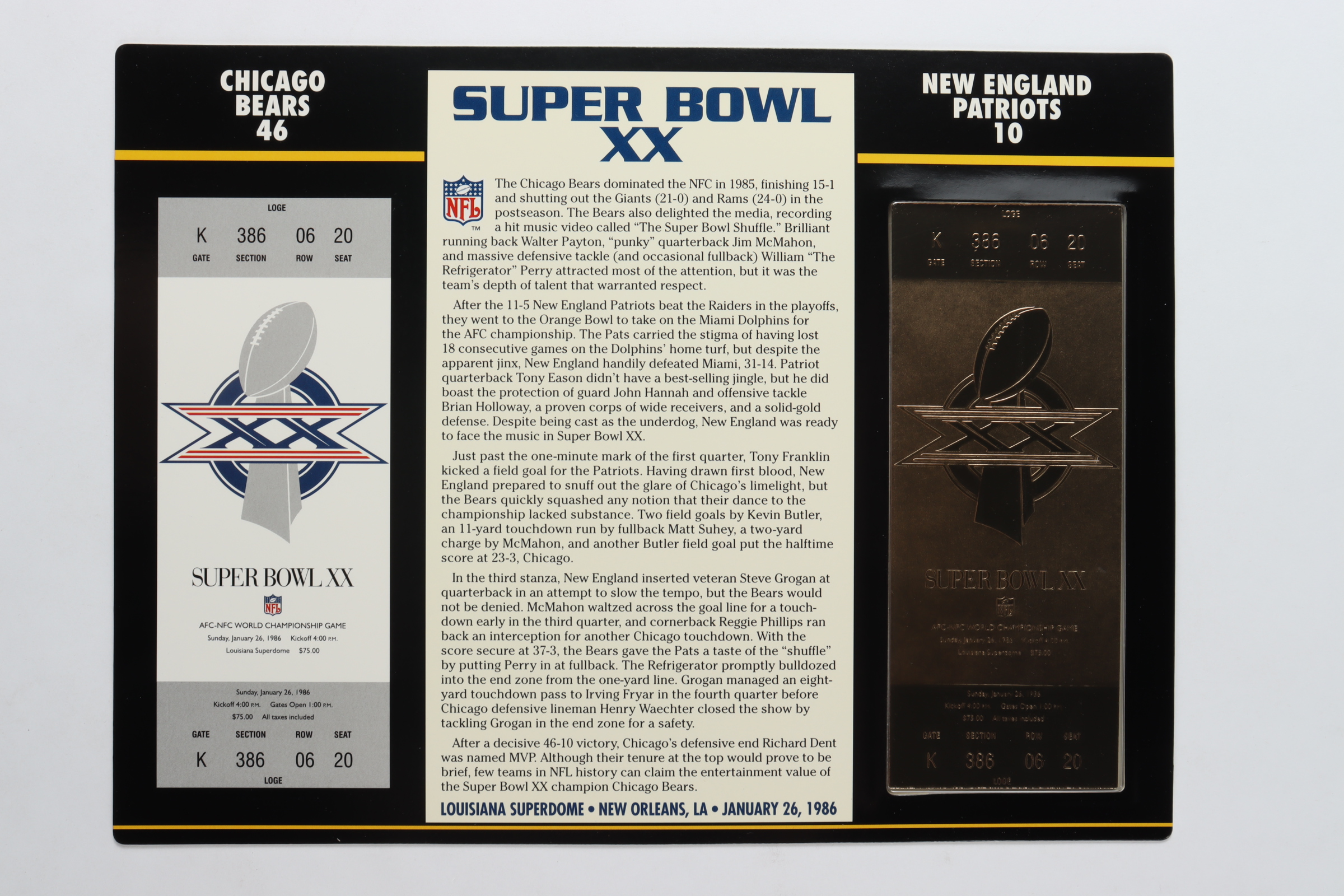 Super Bowl XX Commemorative Score Card with 22kt Gold Ticket at PristineAuction.com Super Bowl XX Commemorative Score Card with 22kt Gold Ticket at PristineAuction.com