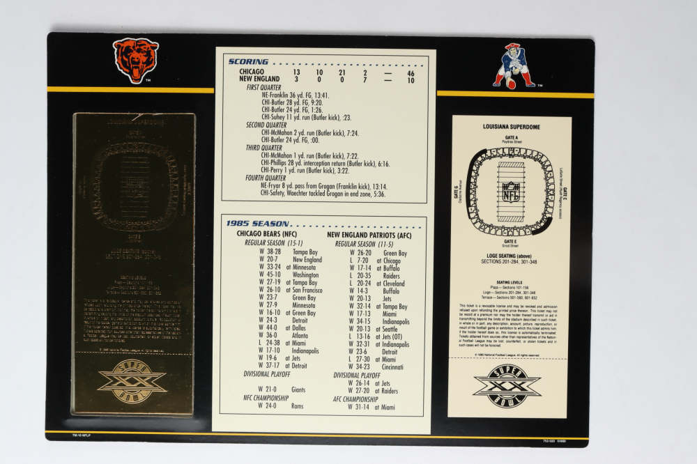 Super Bowl XX Commemorative Score Card with 22kt Gold Ticket at PristineAuction.com Super Bowl XX Commemorative Score Card with 22kt Gold Ticket at PristineAuction.com