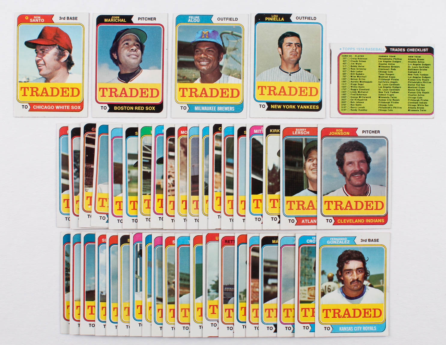 1974 Topps Traded Complete Set with (44) Baseball Cards with #330T Juan Marichal, #390T Lou Piniella, #485T Felipe Alou, #270T Ron Santo, #NNO Traded Checklist at PristineAuction.com 1974 Topps Traded Complete Set with (44) Baseball Cards with #330T Juan Marichal, #390T Lou Piniella, #485T Felipe Alou, #270T Ron Santo, #NNO Traded Checklist at PristineAuction.com