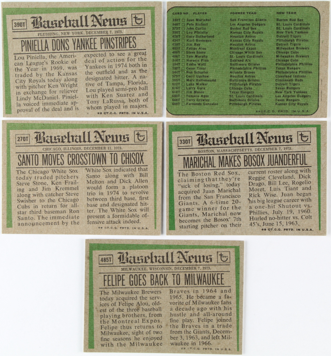 1974 Topps Traded Complete Set with (44) Baseball Cards with #330T Juan Marichal, #390T Lou Piniella, #485T Felipe Alou, #270T Ron Santo, #NNO Traded Checklist at PristineAuction.com 1974 Topps Traded Complete Set with (44) Baseball Cards with #330T Juan Marichal, #390T Lou Piniella, #485T Felipe Alou, #270T Ron Santo, #NNO Traded Checklist at PristineAuction.com