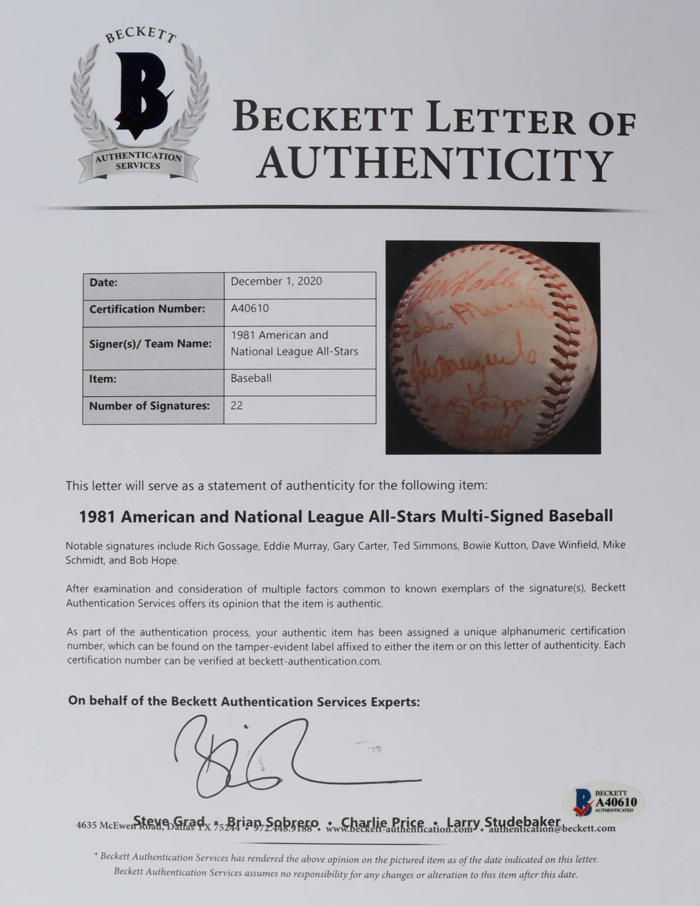 1981 All-Star Game Baseball Team-Signed by (22) with Goose Gossage, Eddie Murray, Gary Carter, Ted Simmons, Mike Schmidt (Beckett LOA) at PristineAuction.com 1981 All-Star Game Baseball Team-Signed by (22) with Goose Gossage, Eddie Murray, Gary Carter, Ted Simmons, Mike Schmidt (Beckett LOA) at PristineAuction.com