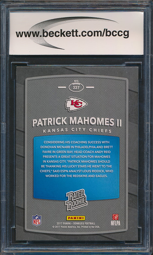 Patrick Mahomes II 2017 Donruss #327 RR RC (BCCG 10) at PristineAuction.com Patrick Mahomes II 2017 Donruss #327 RR RC (BCCG 10) at PristineAuction.com