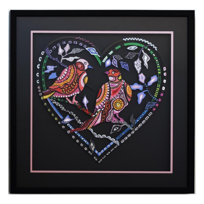 Patricia Govezensky Signed "Love Birds XV" 23x23 Custom Framed Original Painting on Laser Cut Steel (PA) at PristineAuction.com Patricia Govezensky Signed "Love Birds XV" 23x23 Custom Framed Original Painting on Laser Cut Steel (PA) at PristineAuction.com