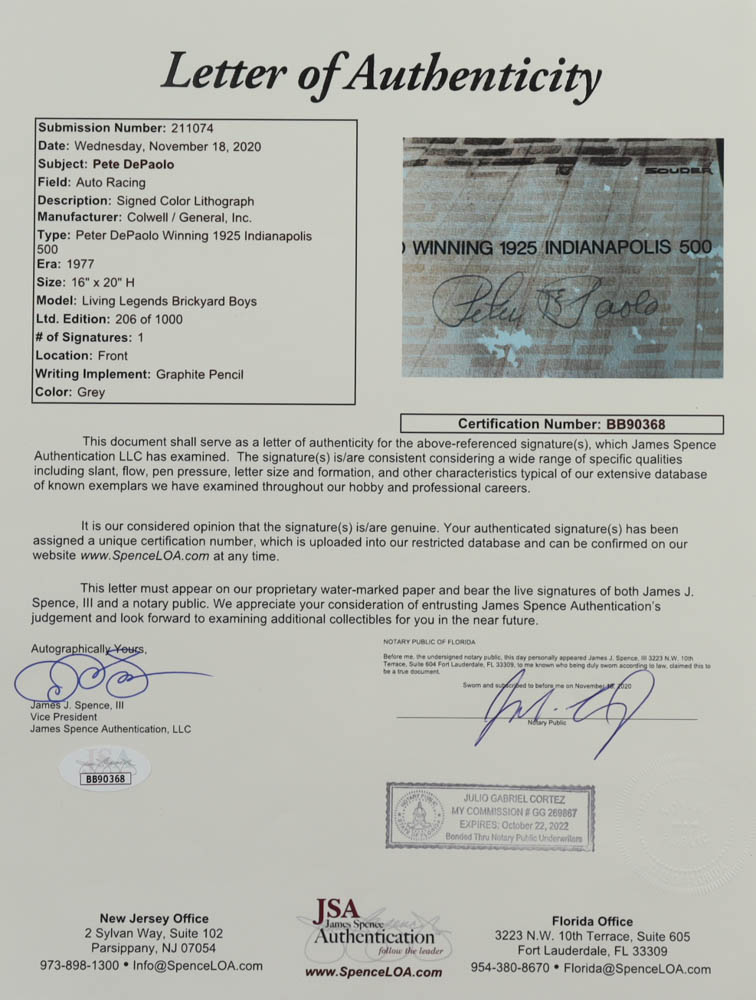 Pete DePaolo Signed LE 1925 Indianapolis 500 16x20 Custom Framed Print Display (JSA LOA) (See Description) at PristineAuction.com Pete DePaolo Signed LE 1925 Indianapolis 500 16x20 Custom Framed Print Display (JSA LOA) (See Description) at PristineAuction.com