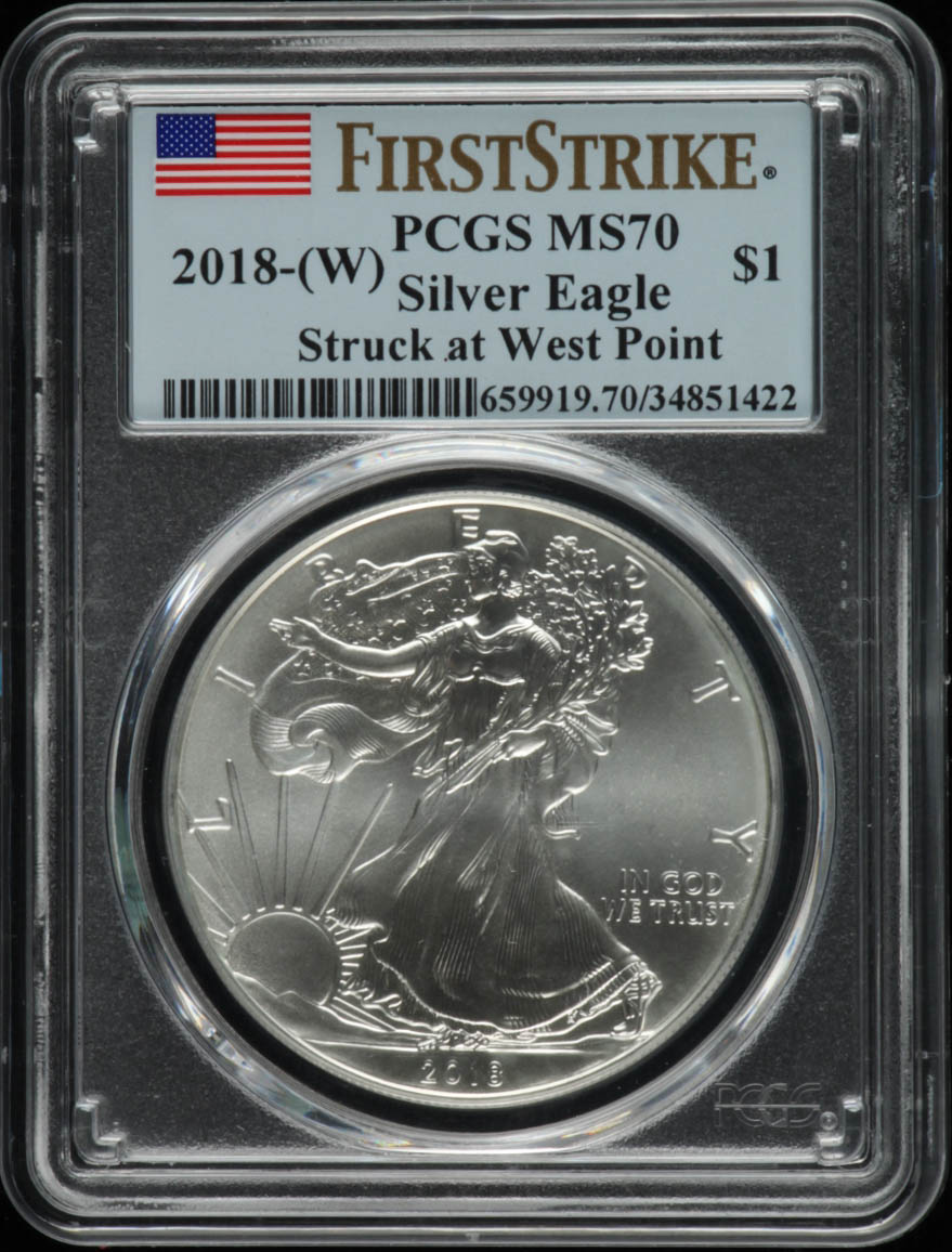 2018-W American Silver Eagle $1 One Dollar Coin - First Strike, Struck at West Point (PCGS MS70) at PristineAuction.com 2018-W American Silver Eagle $1 One Dollar Coin - First Strike, Struck at West Point (PCGS MS70) at PristineAuction.com