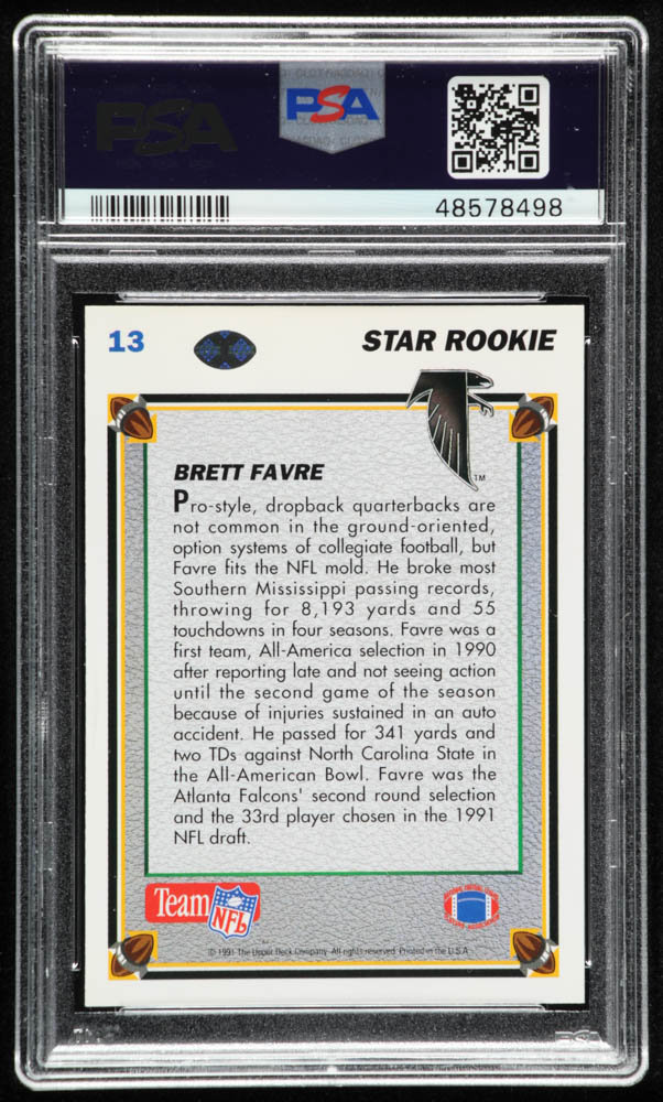 Brett Favre 1991 Upper Deck #13 RC (PSA 10) at PristineAuction.com Brett Favre 1991 Upper Deck #13 RC (PSA 10) at PristineAuction.com