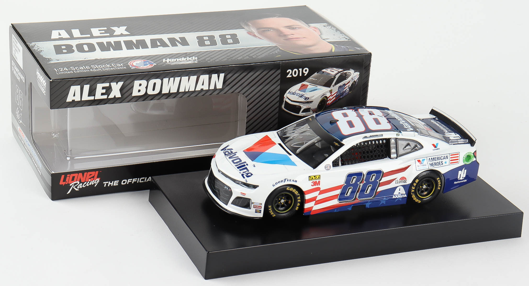 Alex Bowman Signed 2019 NASCAR #88 Valvoline Patriotic - 1:24 Premium Action Diecast Car (PA COA) (See Description) at PristineAuction.com Alex Bowman Signed 2019 NASCAR #88 Valvoline Patriotic - 1:24 Premium Action Diecast Car (PA COA) (See Description) at PristineAuction.com