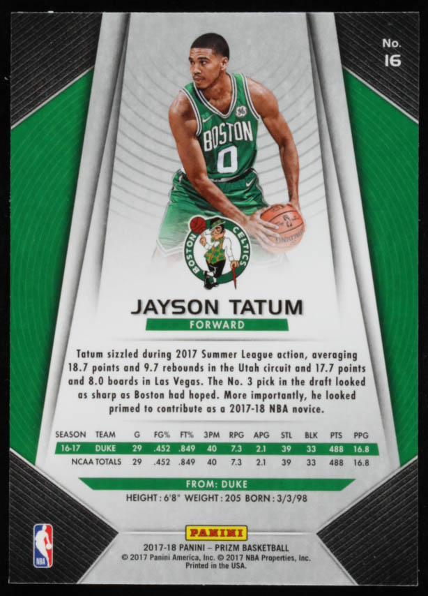 Jayson Tatum 2017-18 Panini Prizm #16 RC at PristineAuction.com Jayson Tatum 2017-18 Panini Prizm #16 RC at PristineAuction.com