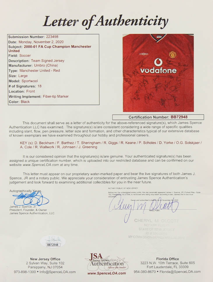 Manchester United F.C. Jersey Team-Signed By (18) With David Beckham, Teddy Sherringham, Ryan Giggs, Dwight Yorke, Ole Gunnar Solskjaer (JSA LOA) at PristineAuction.com Manchester United F.C. Jersey Team-Signed By (18) With David Beckham, Teddy Sherringham, Ryan Giggs, Dwight Yorke, Ole Gunnar Solskjaer (JSA LOA) at PristineAuction.com