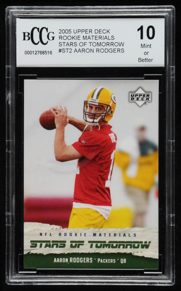 Aaron Rodgers 2005 Upper Deck Rookie Materials Stars of Tomorrow #ST2 (BCCG 10) at PristineAuction.com Aaron Rodgers 2005 Upper Deck Rookie Materials Stars of Tomorrow #ST2 (BCCG 10) at PristineAuction.com