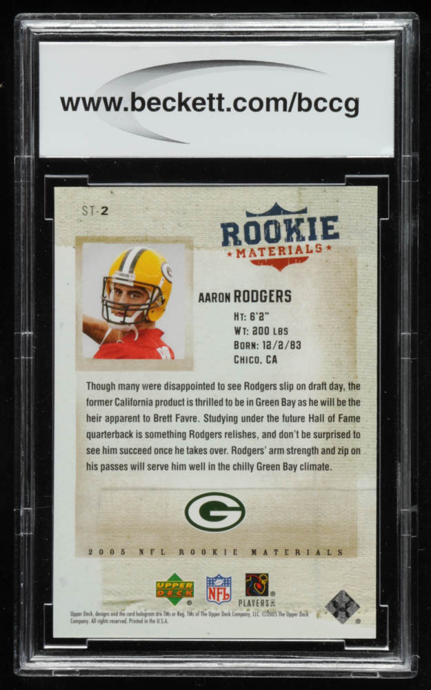 Aaron Rodgers 2005 Upper Deck Rookie Materials Stars of Tomorrow #ST2 (BCCG 10) at PristineAuction.com Aaron Rodgers 2005 Upper Deck Rookie Materials Stars of Tomorrow #ST2 (BCCG 10) at PristineAuction.com