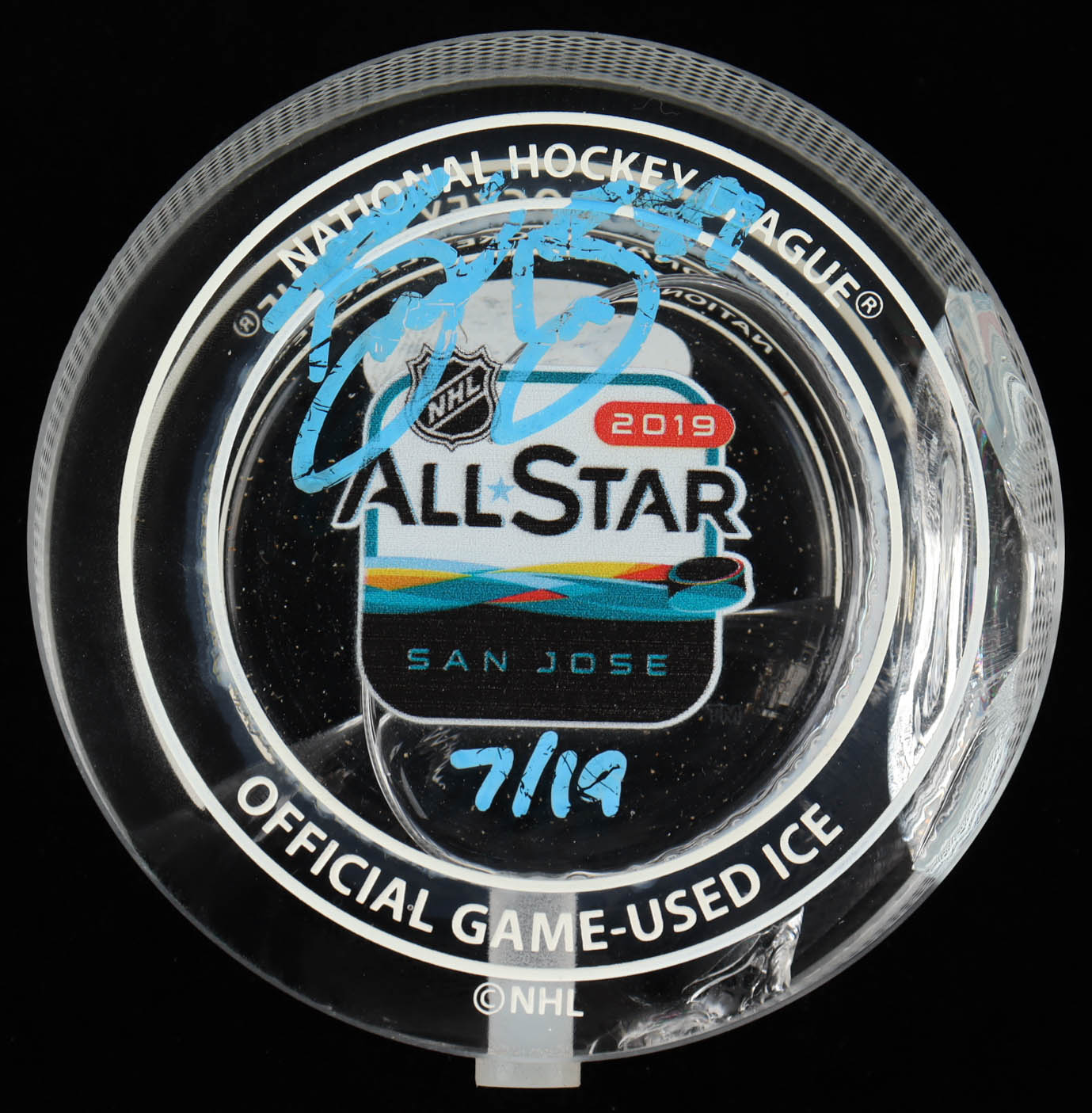 Brent Burns Signed 2019 NHL All-Star Game - Crystal Hockey Puck - Filled with Ice from the 2019 NHL All-Star Game (Beckett COA) (See Description) at PristineAuction.com Brent Burns Signed 2019 NHL All-Star Game - Crystal Hockey Puck - Filled with Ice from the 2019 NHL All-Star Game (Beckett COA) (See Description) at PristineAuction.com
