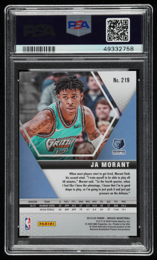 Ja Morant 2019-20 Panini Mosaic #219 RC (PSA 10) at PristineAuction.com Ja Morant 2019-20 Panini Mosaic #219 RC (PSA 10) at PristineAuction.com