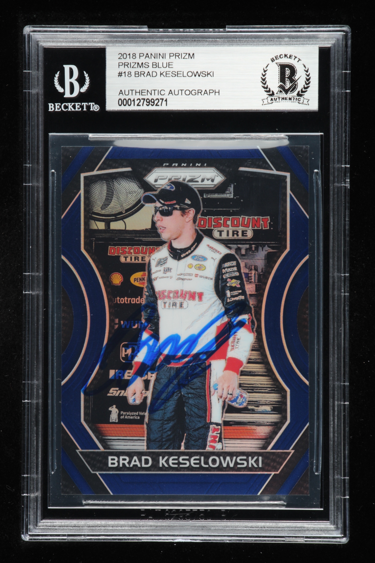 Brad Keselowski Signed 2018 Panini Prizm Blue #18 - #12/99 (Beckett Encapsulated) at PristineAuction.com Brad Keselowski Signed 2018 Panini Prizm Blue #18 - #12/99 (Beckett Encapsulated) at PristineAuction.com