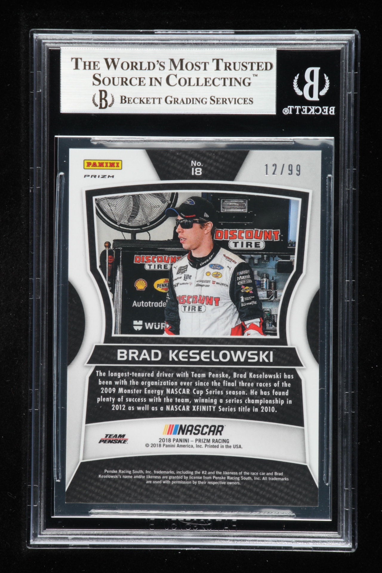 Brad Keselowski Signed 2018 Panini Prizm Blue #18 - #12/99 (Beckett Encapsulated) at PristineAuction.com Brad Keselowski Signed 2018 Panini Prizm Blue #18 - #12/99 (Beckett Encapsulated) at PristineAuction.com