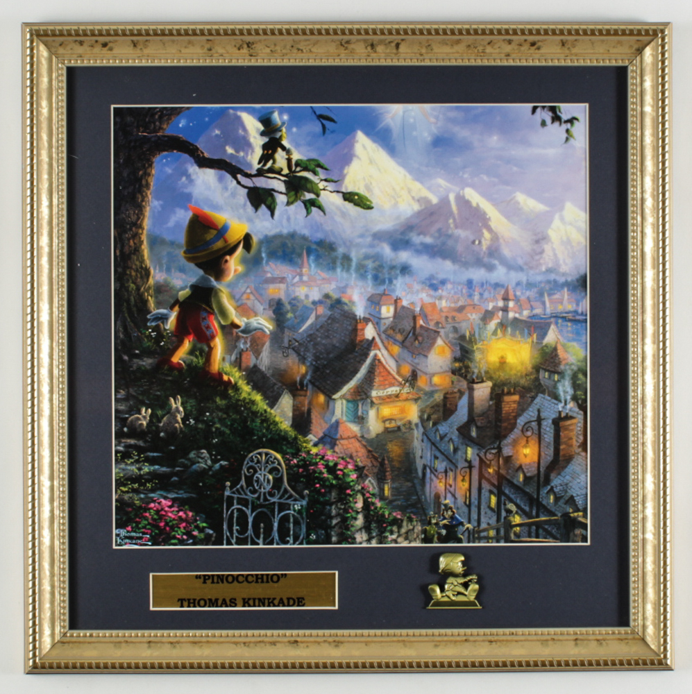 Thomas Kinkade "Pinocchio" 16x16 Custom Framed Print Display With Brass Pinocchio Pin at PristineAuction.com Thomas Kinkade "Pinocchio" 16x16 Custom Framed Print Display With Brass Pinocchio Pin at PristineAuction.com
