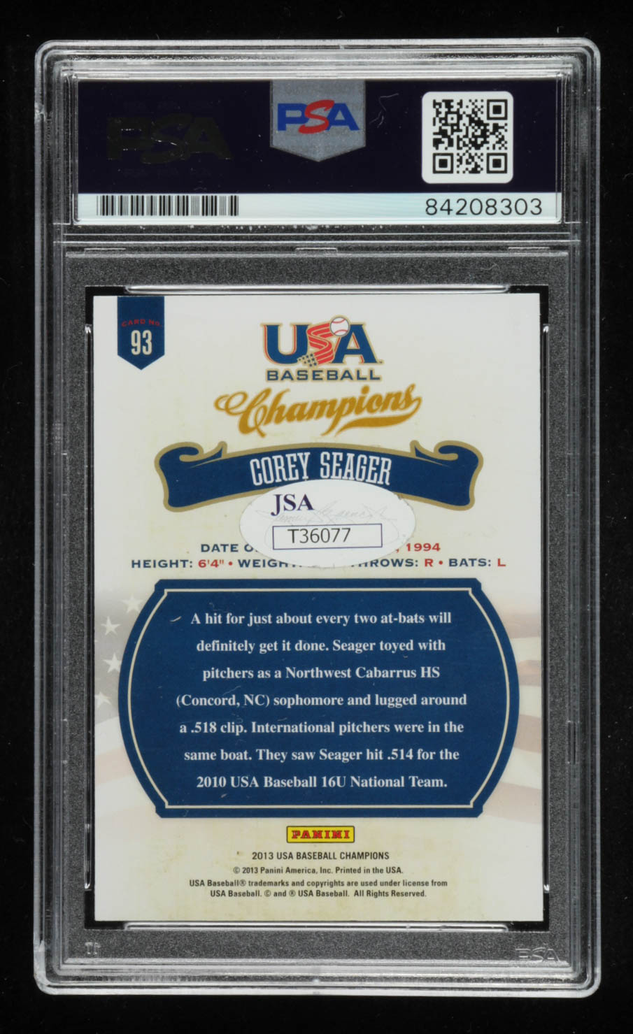 Corey Seager Signed 2013 USA Baseball Champions #93 (PSA Encapsulated) at PristineAuction.com Corey Seager Signed 2013 USA Baseball Champions #93 (PSA Encapsulated) at PristineAuction.com