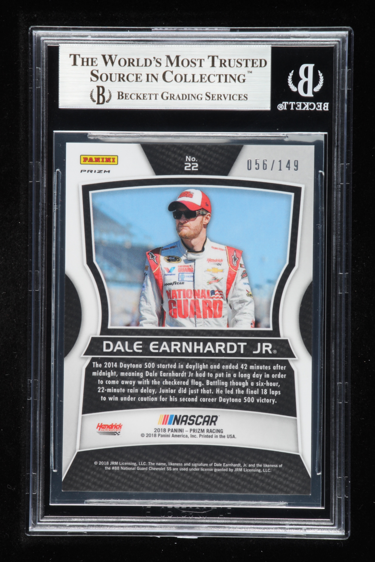 Dale Earnhardt Jr. Signed 2018 Panini Prizm Green #22 - #056/149 (Dale Jr. Hologram & Beckett Encapsulated) at PristineAuction.com Dale Earnhardt Jr. Signed 2018 Panini Prizm Green #22 - #056/149 (Dale Jr. Hologram & Beckett Encapsulated) at PristineAuction.com