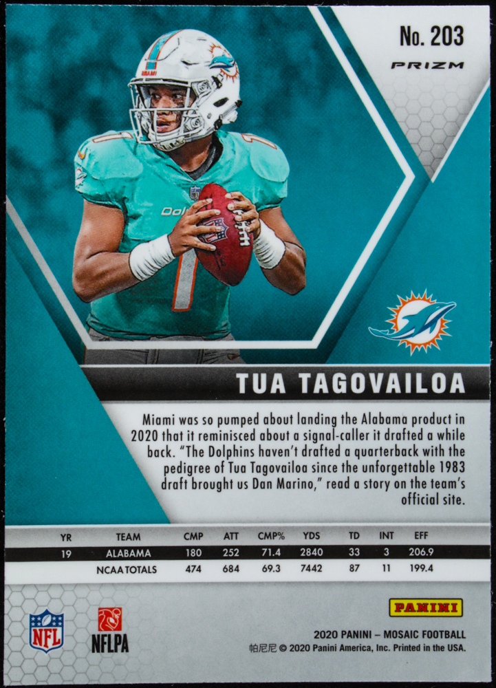 Tua Tagovailoa 2020 Panini Mosaic Mosaic No Huddle Silver #203 at PristineAuction.com Tua Tagovailoa 2020 Panini Mosaic Mosaic No Huddle Silver #203 at PristineAuction.com