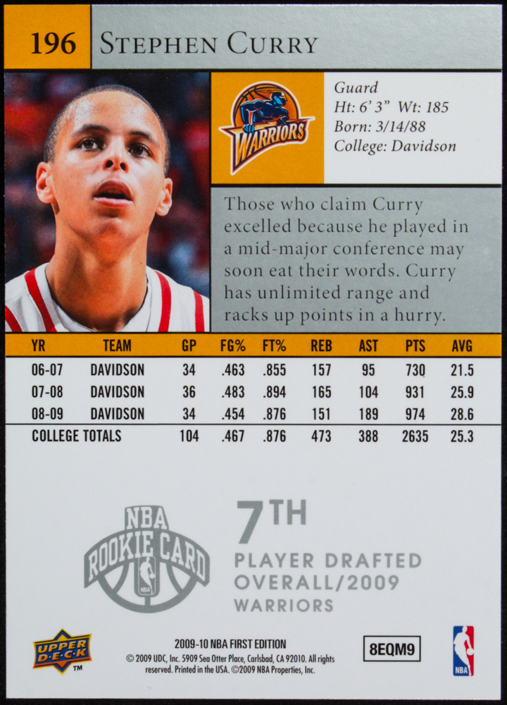 Stephen Curry 2009-10 Upper Deck First Edition #196 RC at PristineAuction.com Stephen Curry 2009-10 Upper Deck First Edition #196 RC at PristineAuction.com
