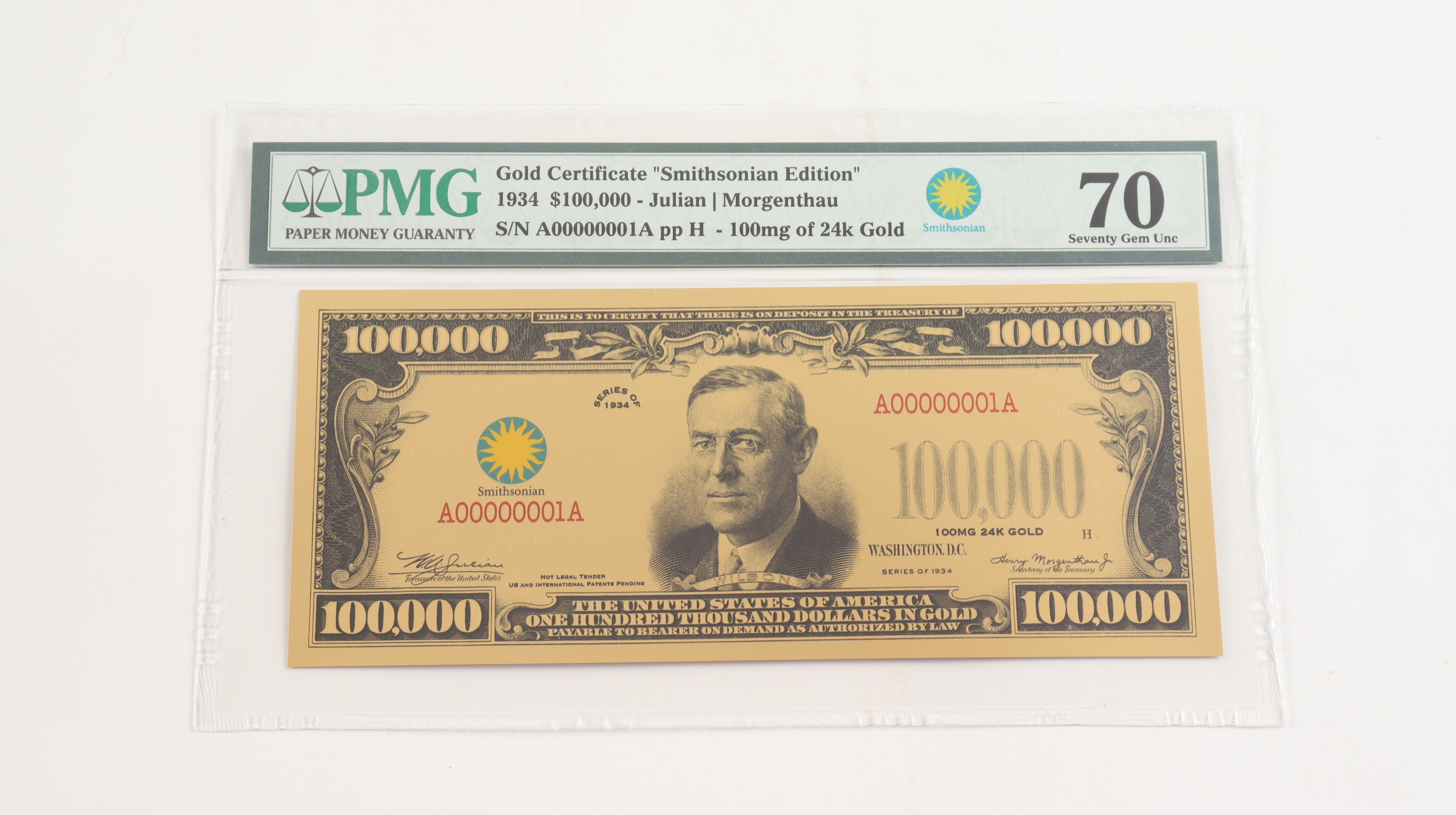 1934 $100,000 "Smithsonian Edition" Gold Certificate (PMG 70) at PristineAuction.com 1934 $100,000 "Smithsonian Edition" Gold Certificate (PMG 70) at PristineAuction.com