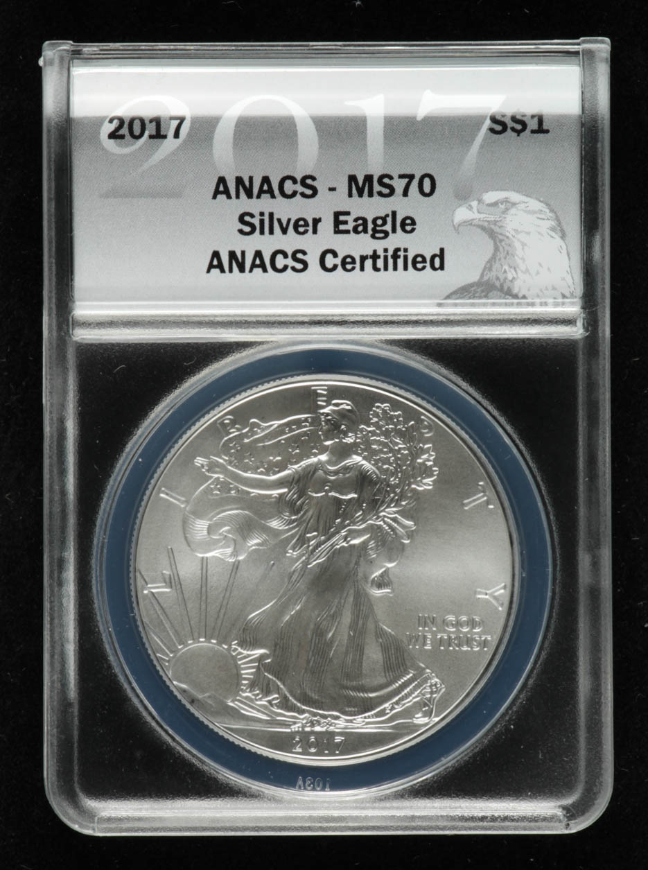 2017 American Silver Eagle $1 One Dollar Coin - Black Eagle Label (ANACS MS70) at PristineAuction.com 2017 American Silver Eagle $1 One Dollar Coin - Black Eagle Label (ANACS MS70) at PristineAuction.com