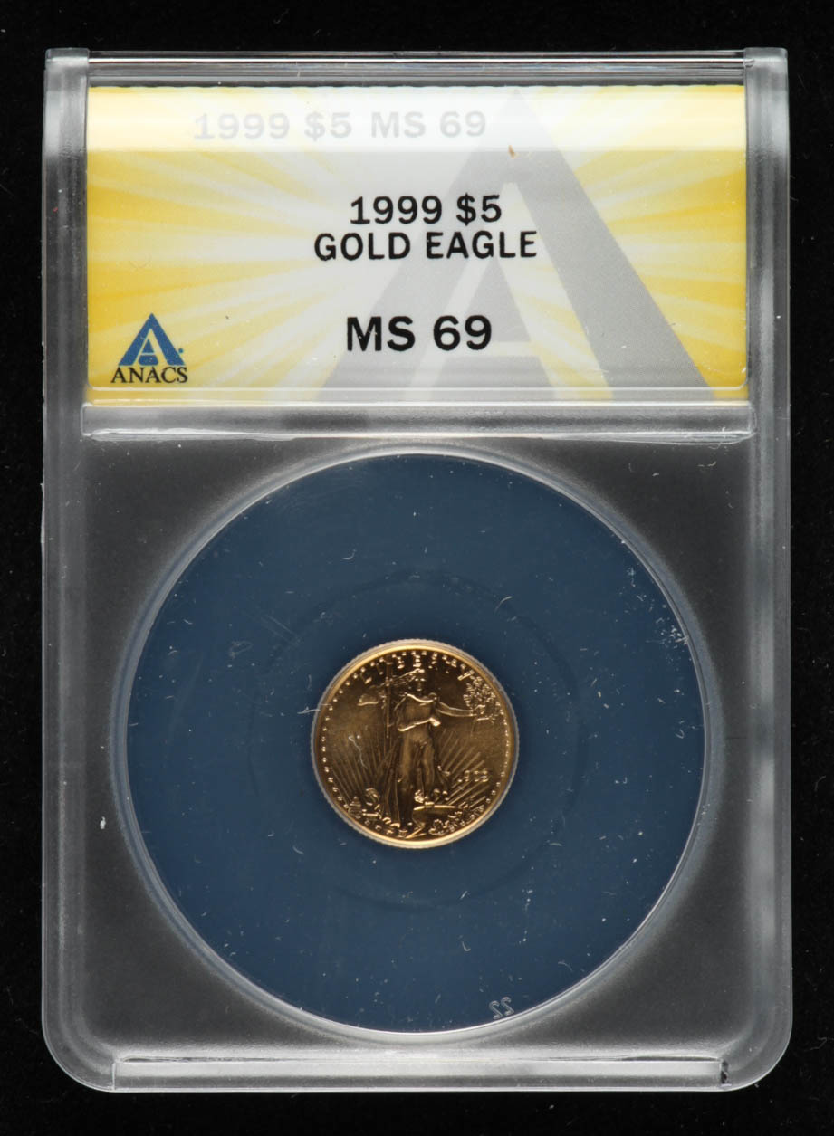 1999 American Gold Eagle $5 Five Dollar 1/10 oz Gold Coin (ANACS MS69) at PristineAuction.com 1999 American Gold Eagle $5 Five Dollar 1/10 oz Gold Coin (ANACS MS69) at PristineAuction.com