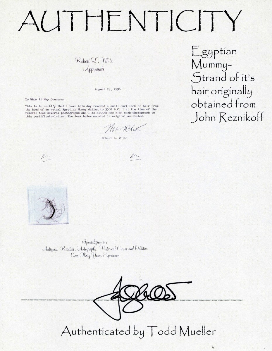 Egyptian Mummy Relic Photo with Authentic Strand of Hair at PristineAuction.com Egyptian Mummy Relic Photo with Authentic Strand of Hair at PristineAuction.com