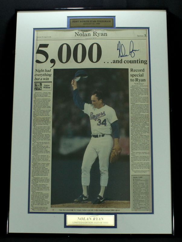 Nolan Ryan Signed 18x26 Custom Framed Newspaper from 5,000 Strikeout Game (Scoreboard COA) at PristineAuction.com Nolan Ryan Signed 18x26 Custom Framed Newspaper from 5,000 Strikeout Game (Scoreboard COA) at PristineAuction.com