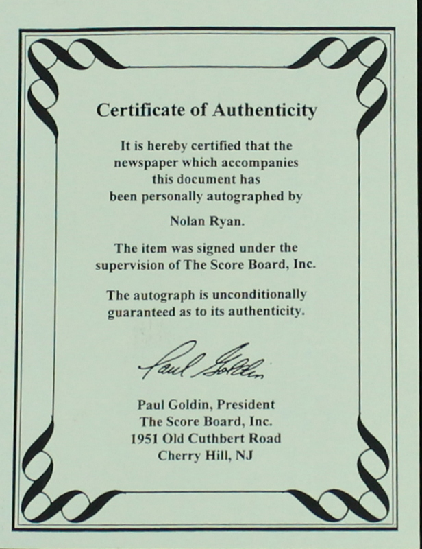 Nolan Ryan Signed 18x26 Custom Framed Newspaper from 5,000 Strikeout Game (Scoreboard COA) at PristineAuction.com Nolan Ryan Signed 18x26 Custom Framed Newspaper from 5,000 Strikeout Game (Scoreboard COA) at PristineAuction.com