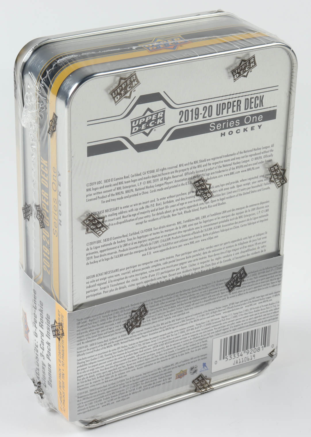2019-20 Upper Deck Series 1 Hockey Tin Box with (9) Packs at PristineAuction.com 2019-20 Upper Deck Series 1 Hockey Tin Box with (9) Packs at PristineAuction.com