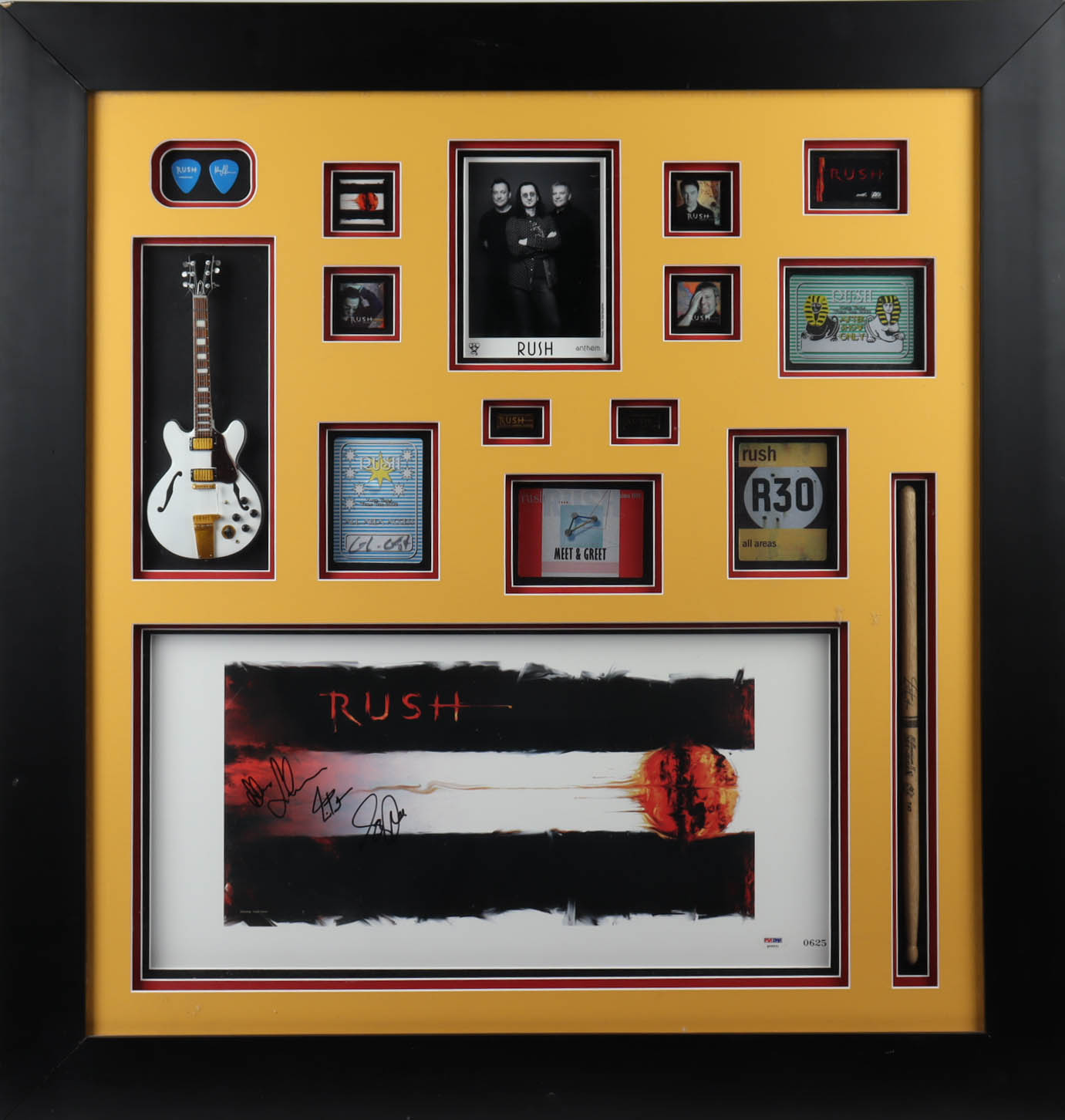 Alex Lifeson, Neil Peart, & Geddy Lee Signed "Rush" 36x38 Custom Framed Display (PSA LOA) (See Description) at PristineAuction.com Alex Lifeson, Neil Peart, & Geddy Lee Signed "Rush" 36x38 Custom Framed Display (PSA LOA) (See Description) at PristineAuction.com