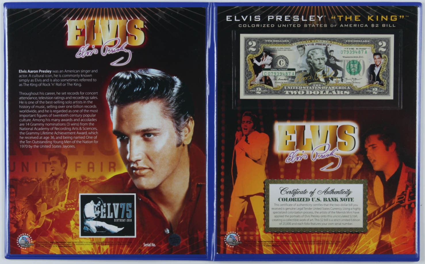 Elvis Presley Genuine Legal Tender Colorized U.S. $2.00 Two Dollar Bill Commemorative Edition Bank Note with Folder at PristineAuction.com Elvis Presley Genuine Legal Tender Colorized U.S. $2.00 Two Dollar Bill Commemorative Edition Bank Note with Folder at PristineAuction.com