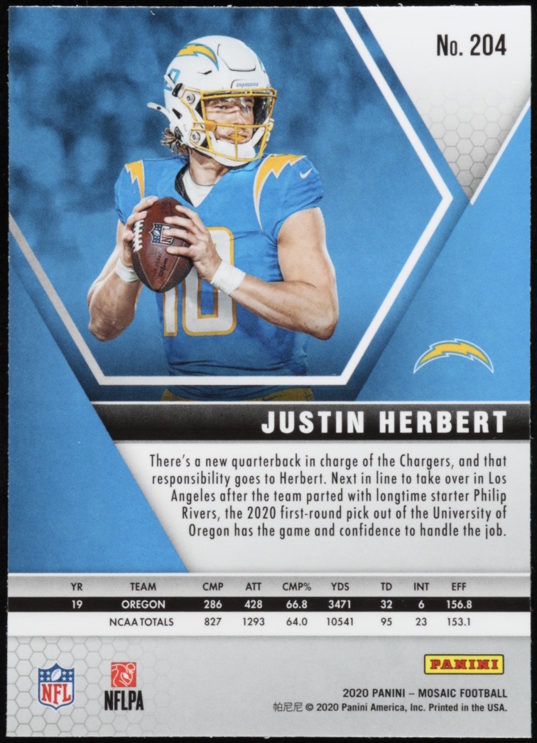 Justin Herbert 2020 Panini Mosaic #204 RC at PristineAuction.com Justin Herbert 2020 Panini Mosaic #204 RC at PristineAuction.com