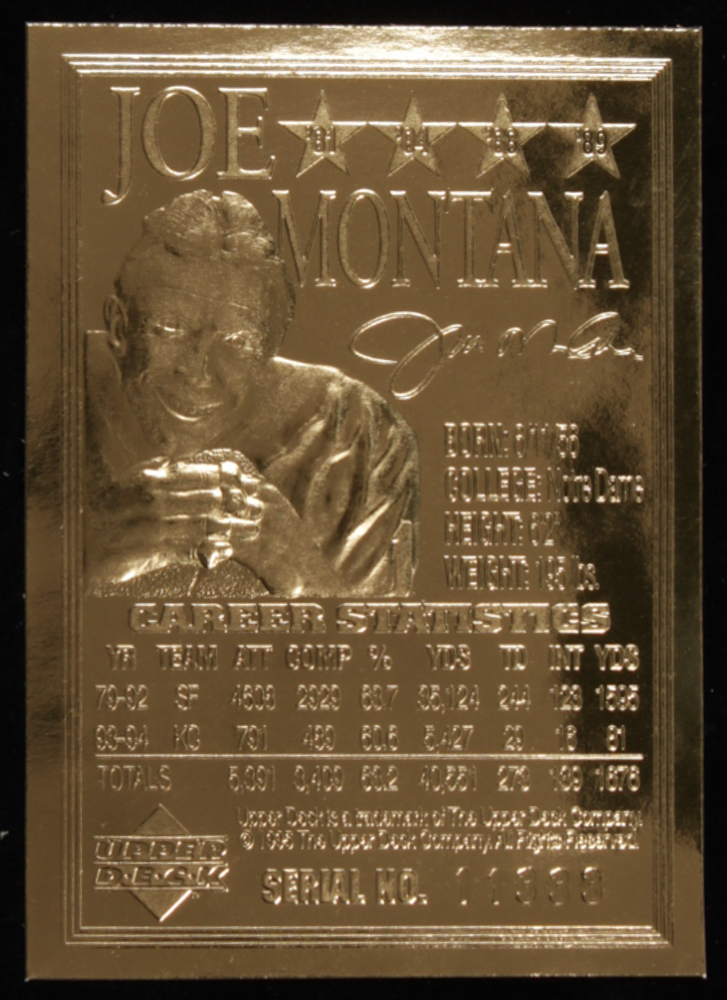 Joe Montana 1995 LE 23kt Gold Upper Deck Football Card at PristineAuction.com Joe Montana 1995 LE 23kt Gold Upper Deck Football Card at PristineAuction.com