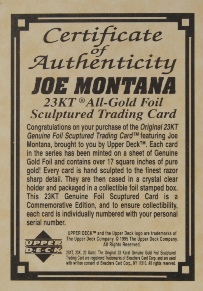 Joe Montana 1995 LE 23kt Gold Upper Deck Football Card at PristineAuction.com Joe Montana 1995 LE 23kt Gold Upper Deck Football Card at PristineAuction.com