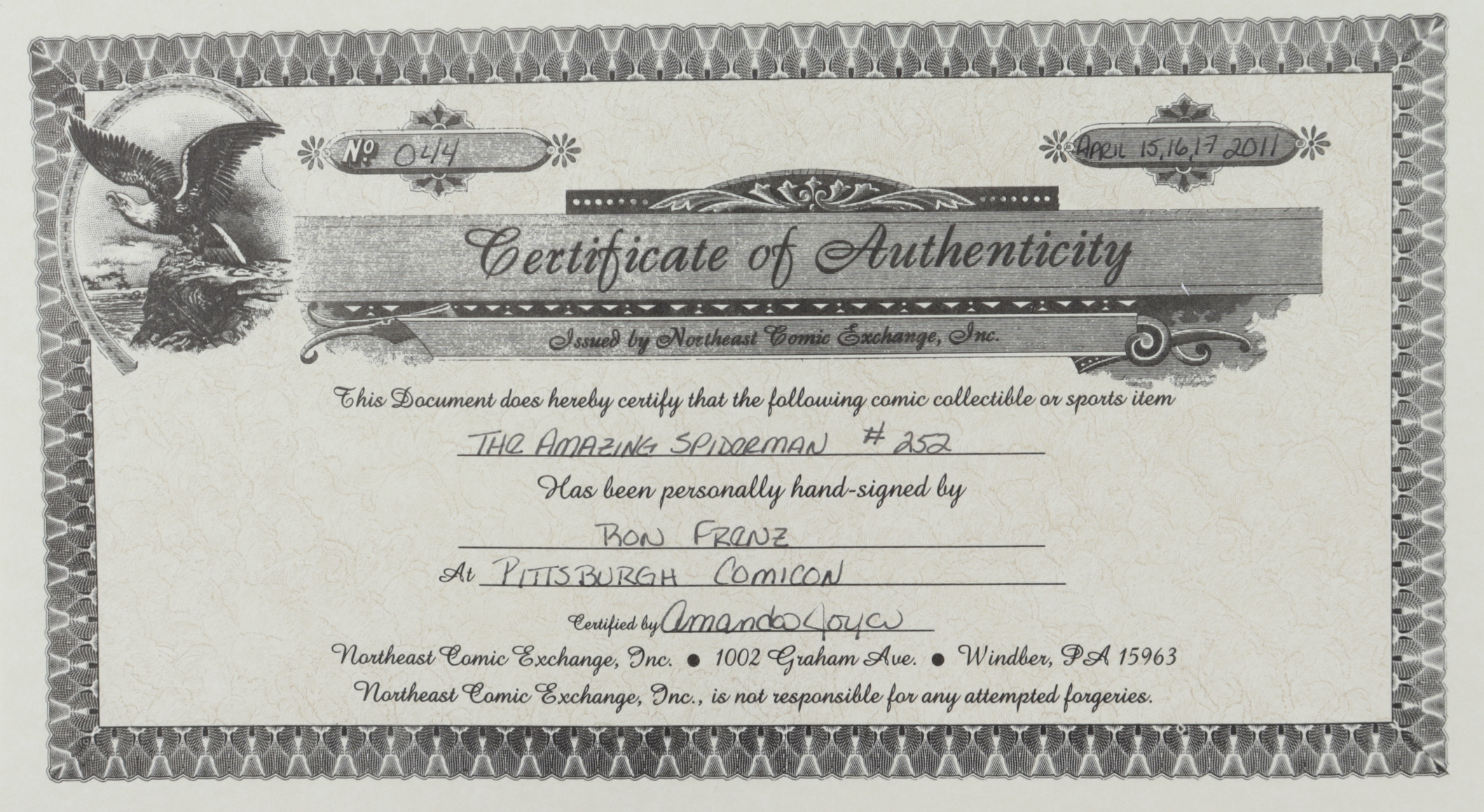 Ron Frenz Signed 1984 "The Amazing Spider-Man" Issue #252 Marvel Comic Book (JSA COA) at PristineAuction.com Ron Frenz Signed 1984 "The Amazing Spider-Man" Issue #252 Marvel Comic Book (JSA COA) at PristineAuction.com