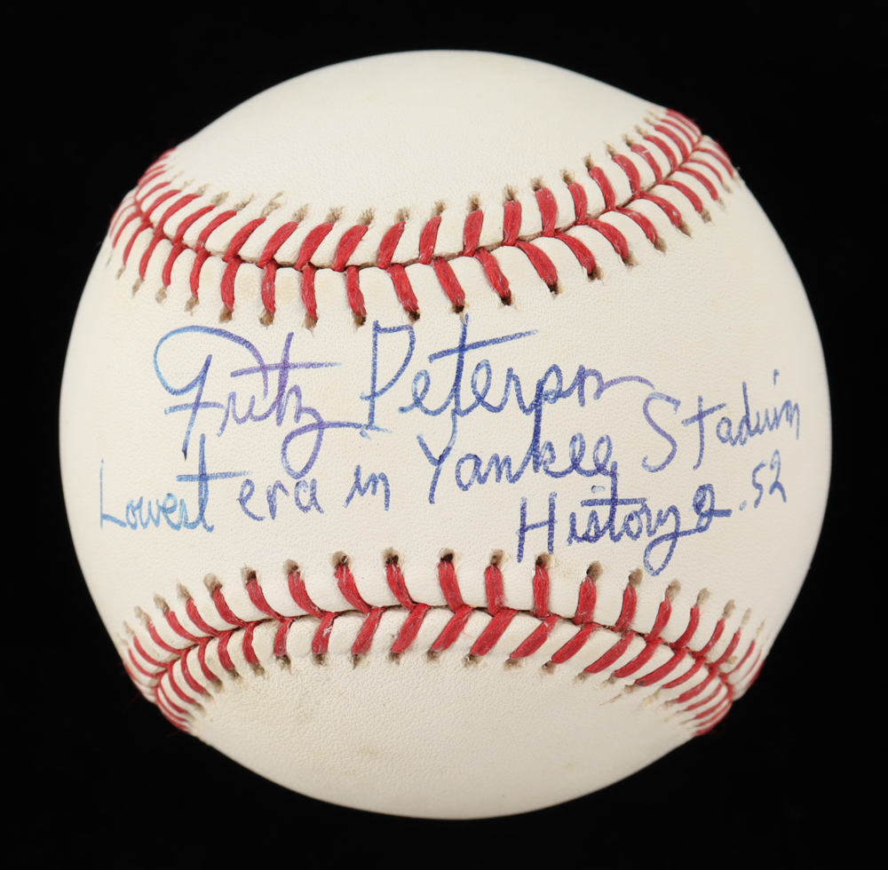 Fritz Peterson Signed OML Baseball Inscribed "Lowest ERA in Yankee