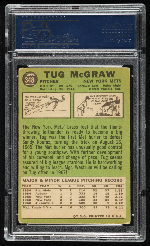 Tug McGraw Signed 1967 Topps #348 (PSA Encapsulated) at PristineAuction.com Tug McGraw Signed 1967 Topps #348 (PSA Encapsulated) at PristineAuction.com