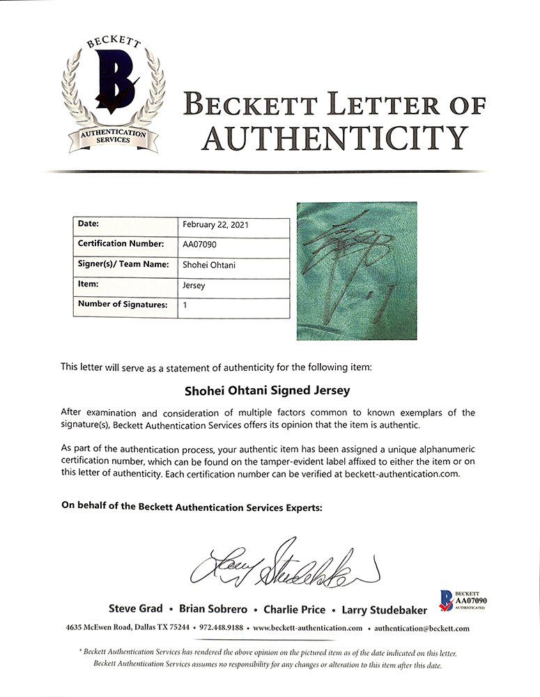 Shohei Ohtani Signed Jersey (Beckett LOA) at PristineAuction.com Shohei Ohtani Signed Jersey (Beckett LOA) at PristineAuction.com