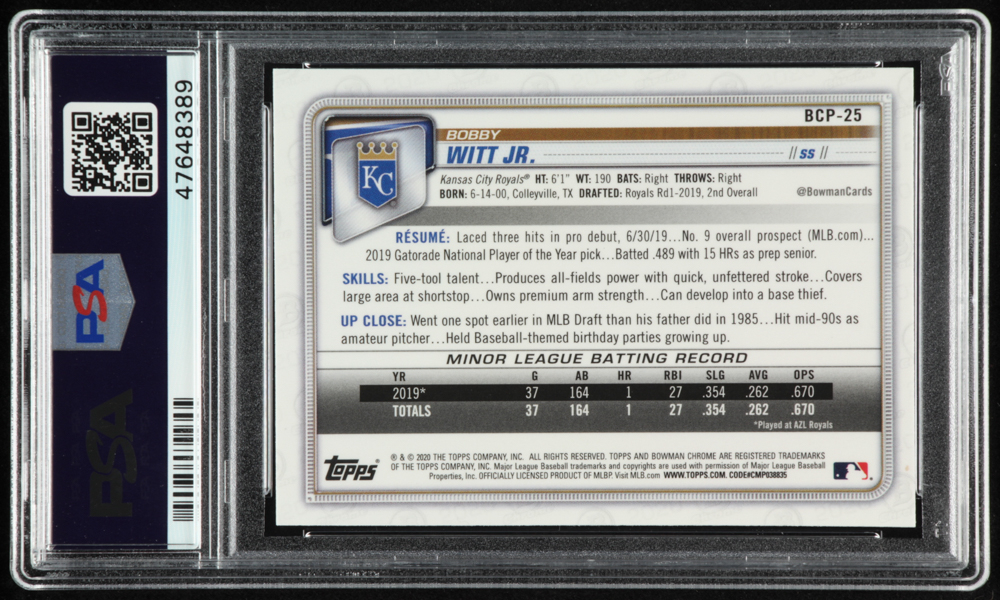 Bobby Witt Jr. Signed 2020 Bowman Chrome Prospects #BCP25 RC  PSA Auto 9