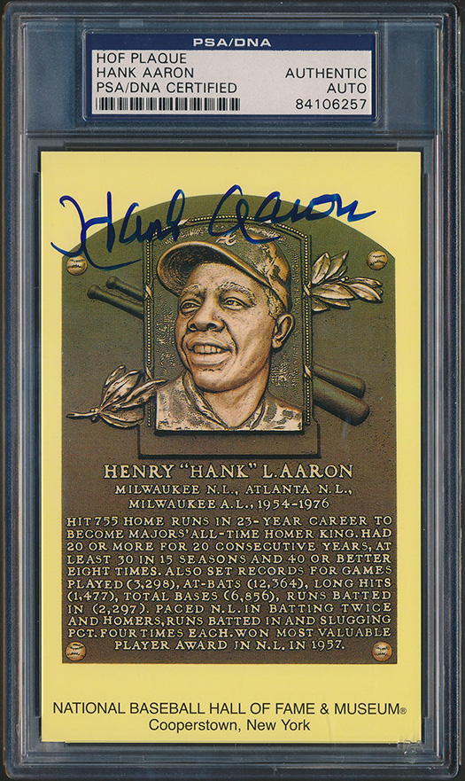 Hank Aaron Signed Gold Hall of Fame Plaque Postcard (PSA Encapsulated) at PristineAuction.com Hank Aaron Signed Gold Hall of Fame Plaque Postcard (PSA Encapsulated) at PristineAuction.com