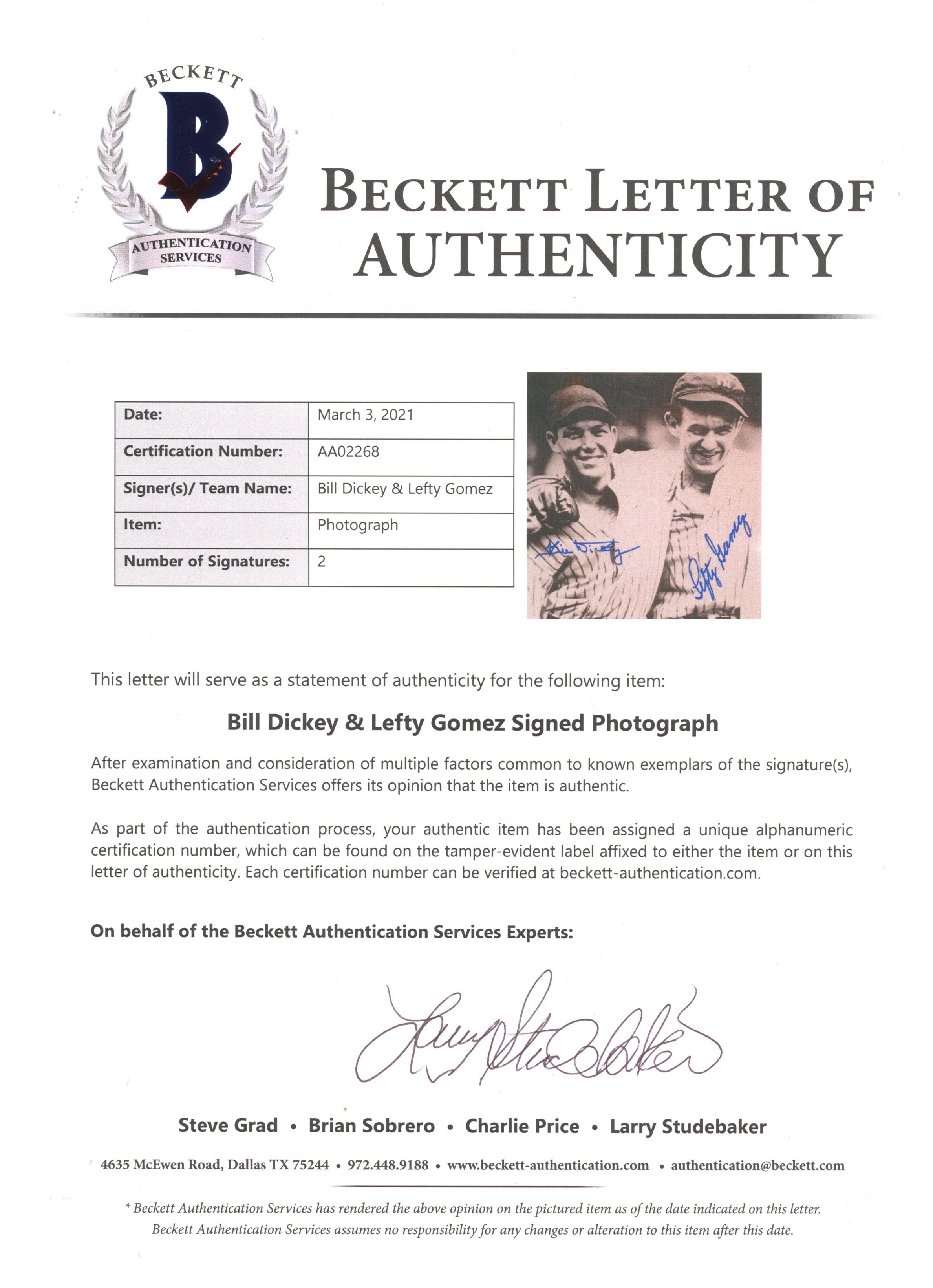 Bill Dickey & Lefty Gomez Signed Yankees 8x10 Photo (Beckett LOA) at PristineAuction.com Bill Dickey & Lefty Gomez Signed Yankees 8x10 Photo (Beckett LOA) at PristineAuction.com