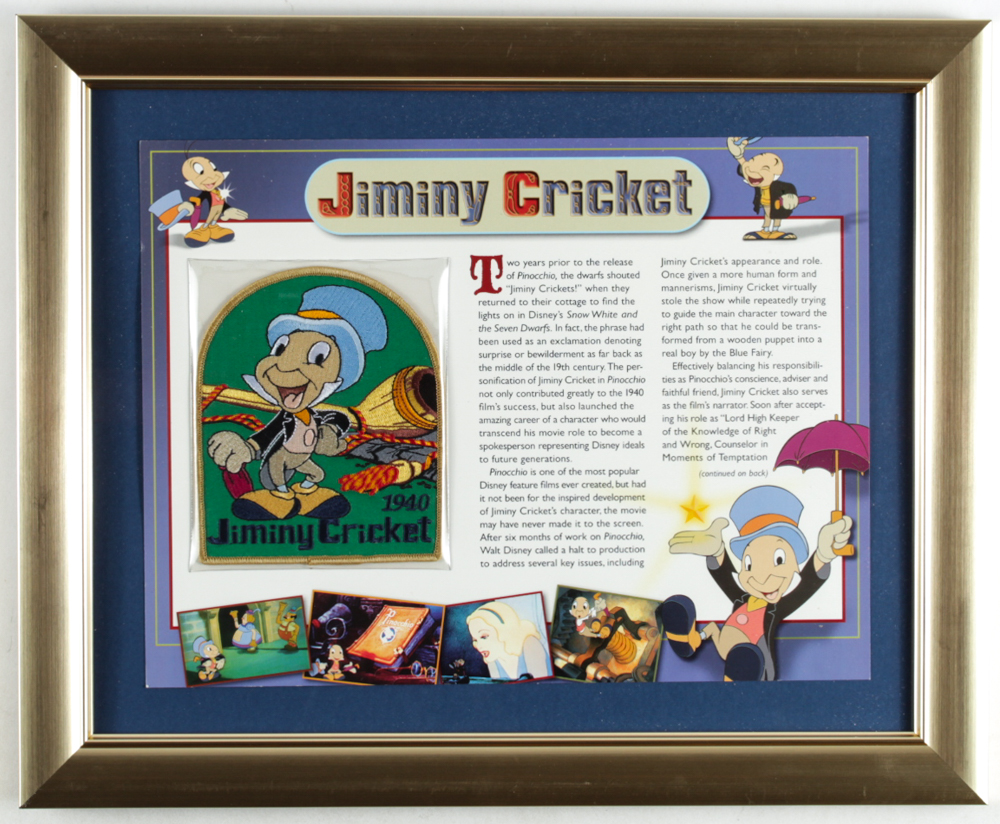 Walt Disney's "Pinocchio" Jiminy Cricket 13x16 Custom Framed Print Display with Jiminy Cricket Patch at PristineAuction.com Walt Disney's "Pinocchio" Jiminy Cricket 13x16 Custom Framed Print Display with Jiminy Cricket Patch at PristineAuction.com