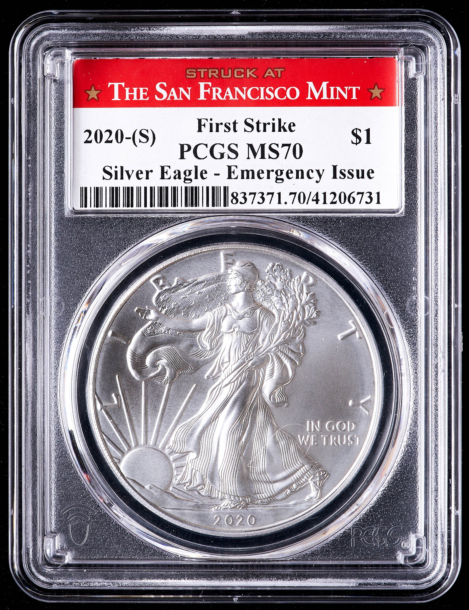 2020-(S) American Silver Eagle $1 One Dollar Coin Emergency Issue - First Strike, Struck at San Francisco Mint (PCGS MS70) at PristineAuction.com 2020-(S) American Silver Eagle $1 One Dollar Coin Emergency Issue - First Strike, Struck at San Francisco Mint (PCGS MS70) at PristineAuction.com